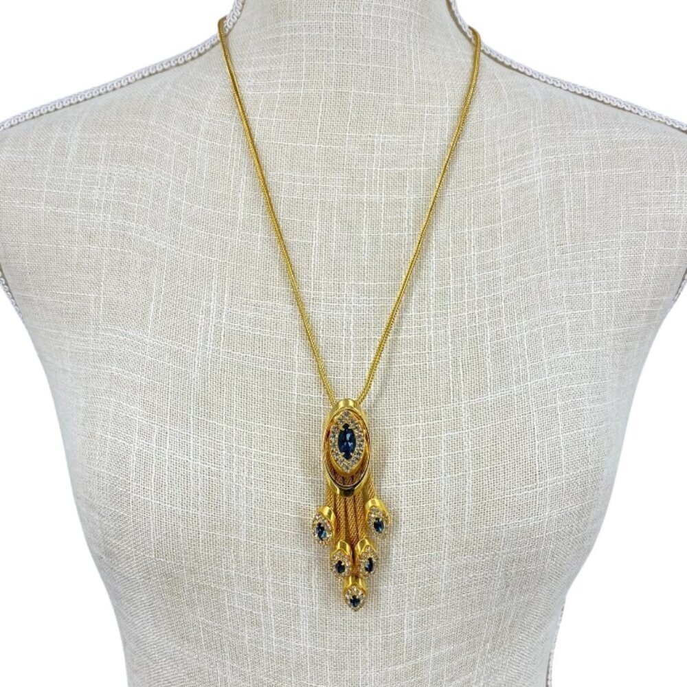 Vintage Gold Tone Statement Pendant Necklace Blue CZ Accent AW10